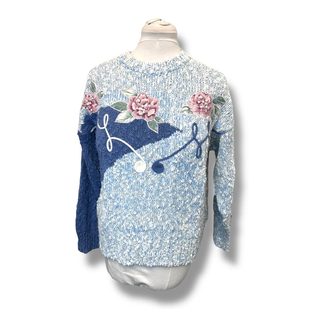 Hunter's Glen Women’s Crewneck Floral Sweater VTG 80s Fairy Kei Jumper Blue L